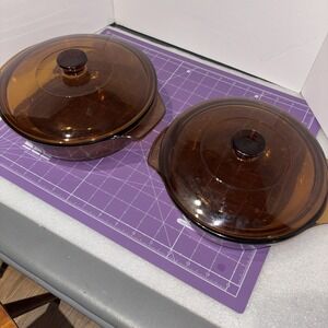 Set 4 Piece Vintage Visions Corningware Pyrex Amber Glass Lid Cookware 1 & 1.5qt
